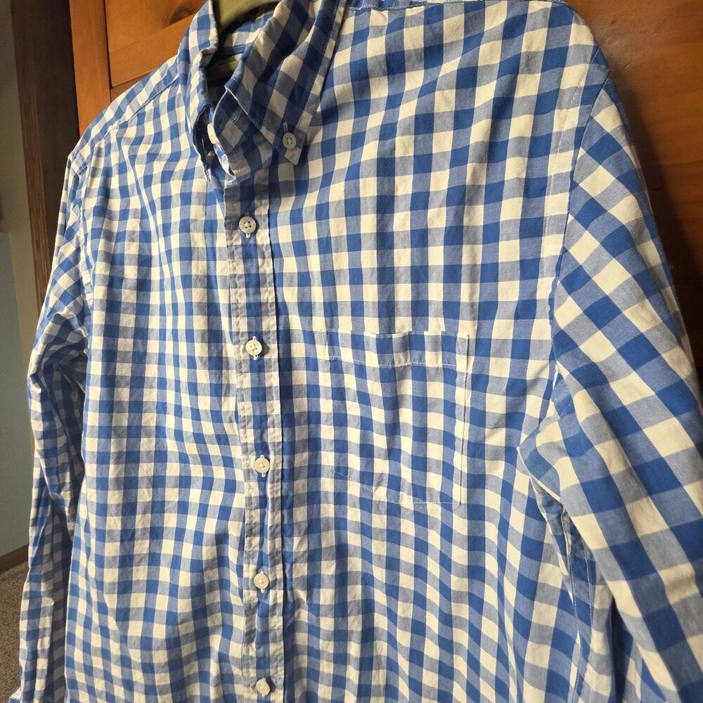 J Crew Factory Size Medium Gingham Check Button Down Classic Blue White Cotton - Picture 5 of 9
